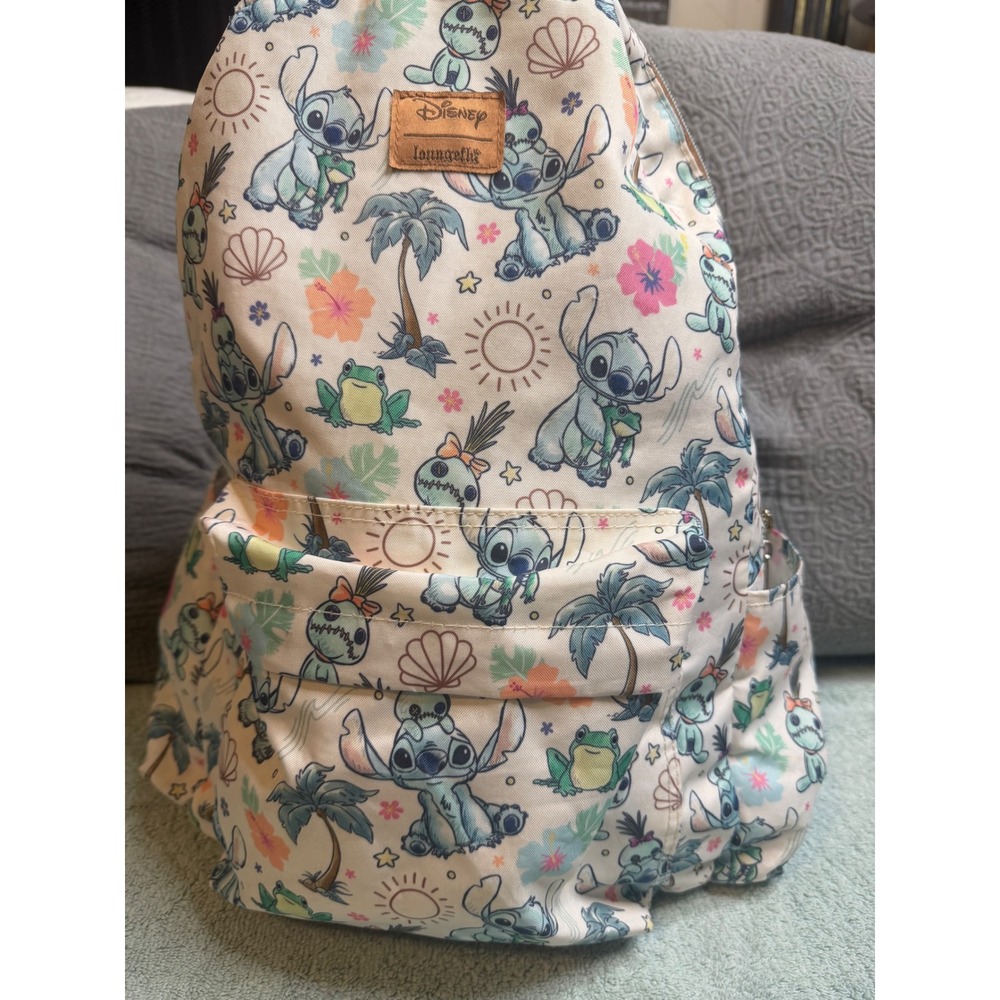 Disney Loungefly Stitch and Scrump Tropical Floral Canvas Backpack Cream Brown